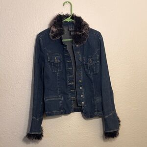 INC International Concepts Dark Blue Jean Jacket with Faux Fur trim